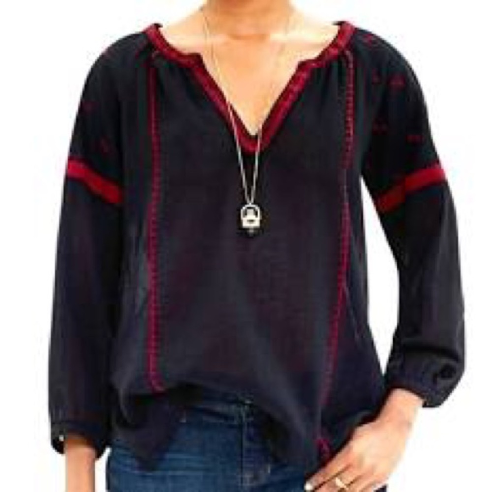 Madewell Black and Red Peasant Blouse